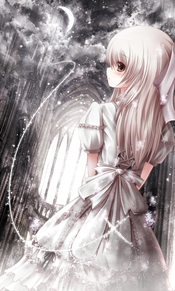 apple228 bow building dress frills from_behind hair_bow long_hair moon original solo white_hair yellow_eyes