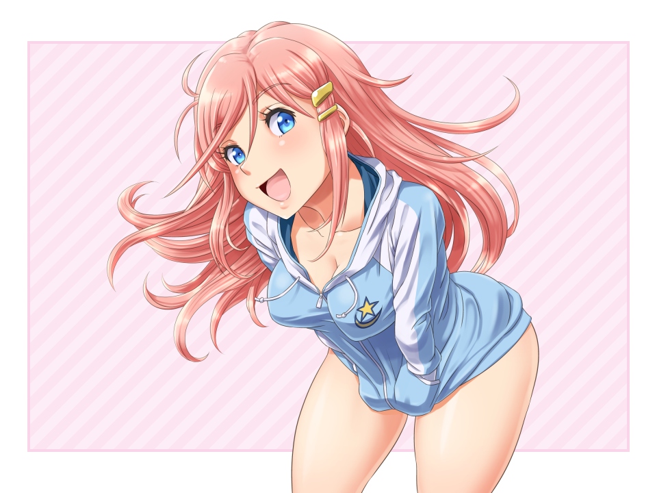 blue_eyes bottomless breasts cleavage hair_ornament hairclip hands_in_pockets hoodie katou_marika leaning_forward long_hair miniskirt_pirates open_mouth pink_hair shikuta_maru smile solo