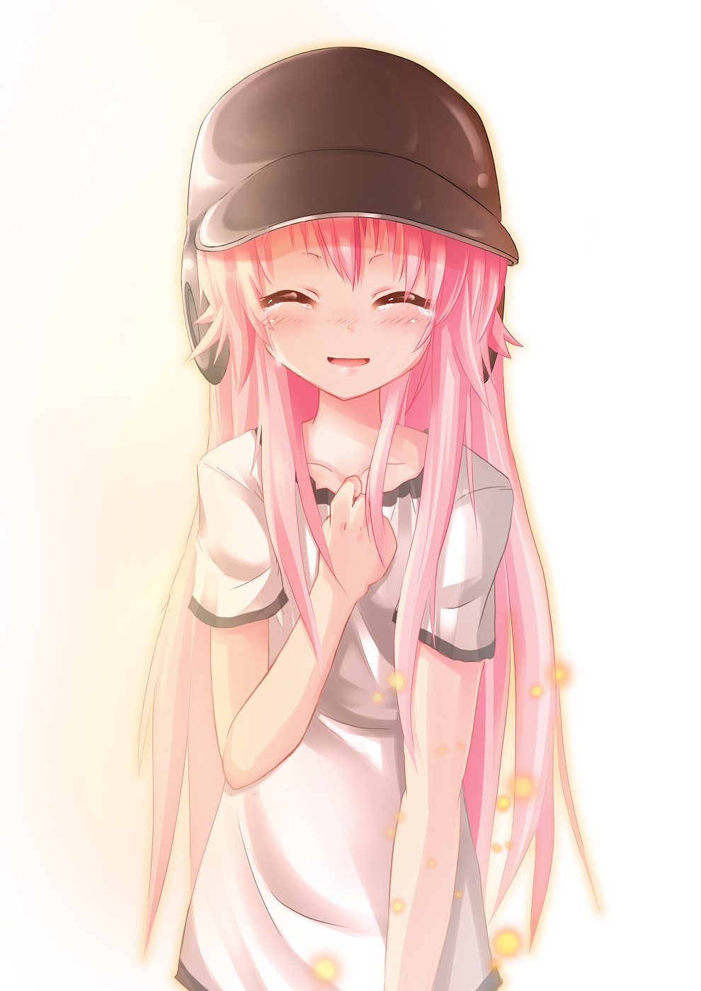 angel_beats! baseball_helmet closed_eyes eyes_closed gym_uniform helmet highres kakeru_(arelgia) long_hair pink_hair sparkle tears yui_(angel_beats!)