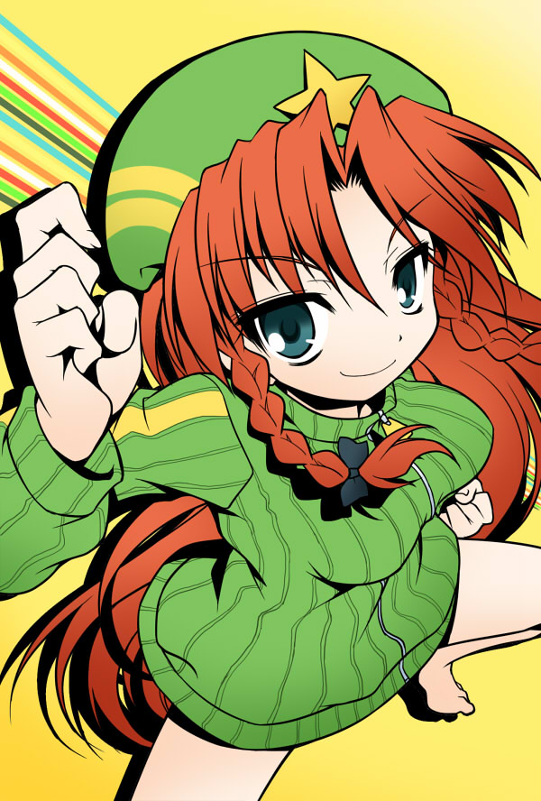 akou_roushi barefoot blue_eyes bottomless bow braid hair_bow hat hong_meiling long_hair naked_sweater no_pants parody persona persona_4 red_hair redhead ribbed_sweater satonaka_chie smile solo star sweater touhou twin_braids zipper