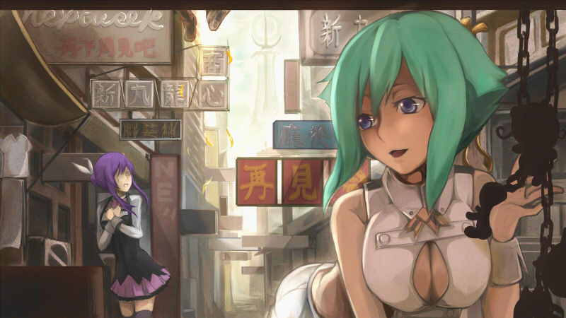 2girls aquarion_(series) aquarion_evol breasts cleavage cleavage_cutout green_hair hair_bun large_breasts leaning_forward mikono_suzushiro purple_eyes purple_hair short_hair short_shorts shorts skirt syatey violet_eyes zessica_wong