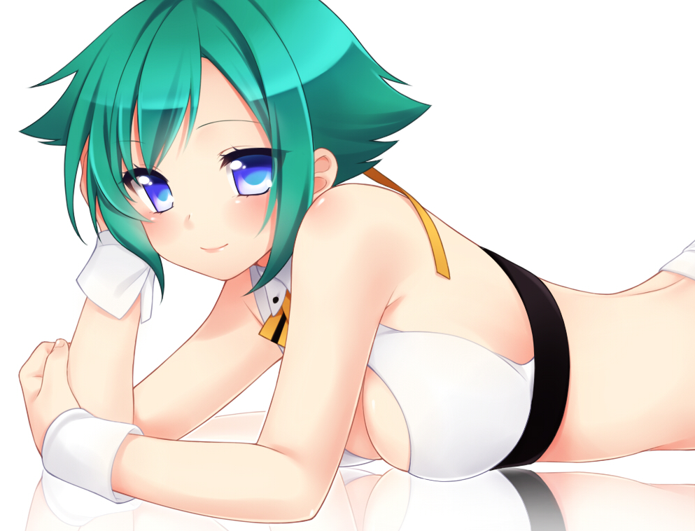 aquarion_(series) aquarion_evol bare_shoulders blue_eyes blush breasts cleavage cleavage_cutout etou_(cherry7) green_hair hair_ribbon hand_in_hair looking_at_viewer lying on_stomach reflection ribbon short_hair simple_background smile solo white_background wristband zessica_wong