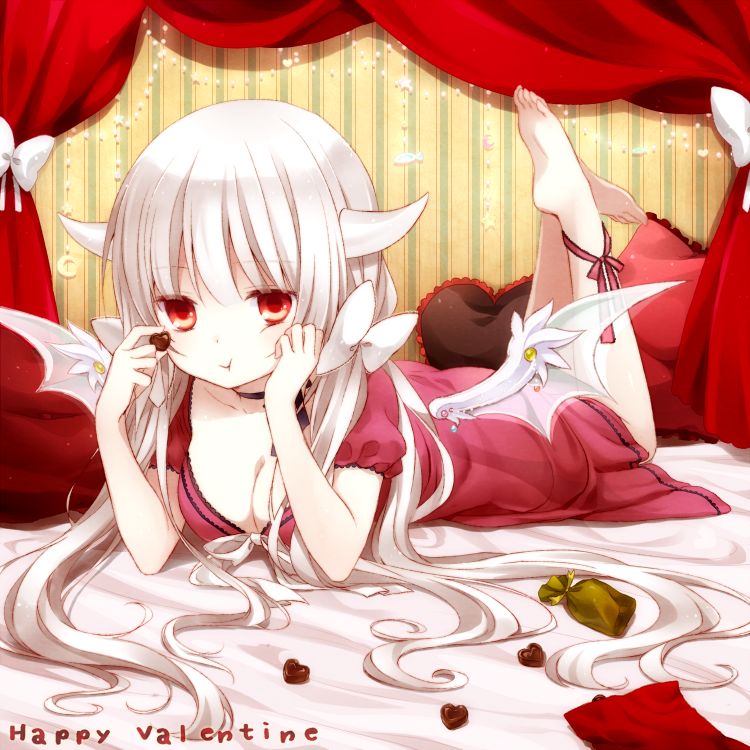 :t barefoot bed bow breasts chocolate chocolate_heart choker cleavage dress feet gift hair_bow happy_valentine heart horns kuu_(0427) legs_up long_hair looking_at_viewer lying on_bed on_stomach original pillow red_eyes ribbon solo toes valentine white_hair wings