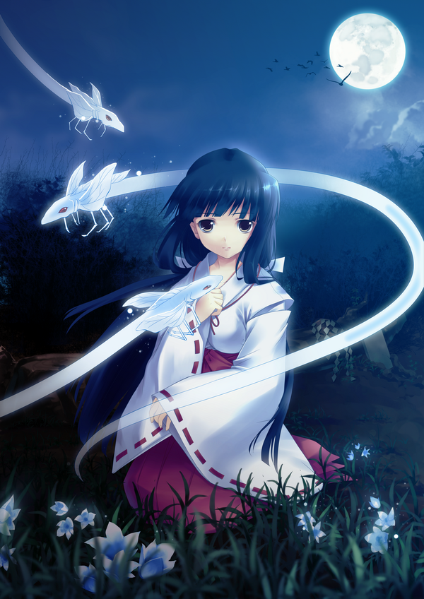 bird black_hair blurry chinese_bellflower creature depth_of_field flower full_moon grass ihet inuyasha japanese_clothes kikyou_(inuyasha) looking_at_viewer miko moon moonlight night night_sky sky solo tree wide_sleeves yellow_eyes