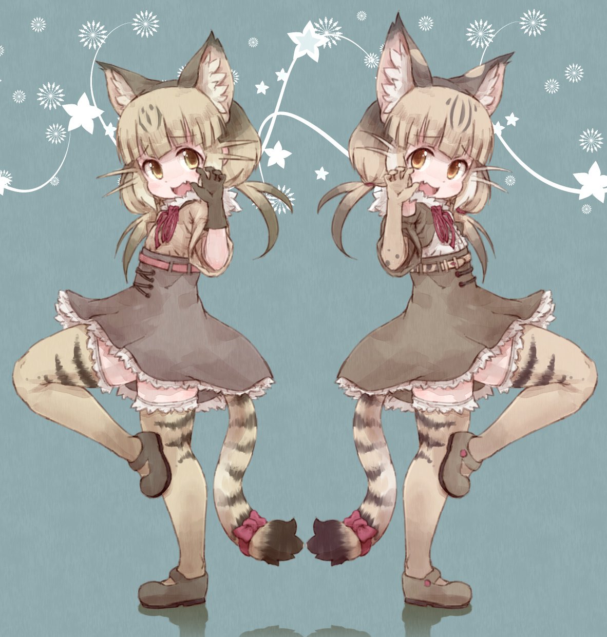 2girls animal_ears back-to-back belt bow brown_hair cat_ears cat_tail claw_pose commentary elbow_gloves eyebrows_visible_through_hair fang frilled_skirt frills fur_collar gloves high-waist_skirt highres jungle_cat_(kemono_friends) kemono_friends kolshica leg_up light_brown_hair multicolored_hair multiple_girls neck_ribbon ribbon short_hair short_sleeves skirt tail tail_bow thigh-highs twintails yellow_eyes