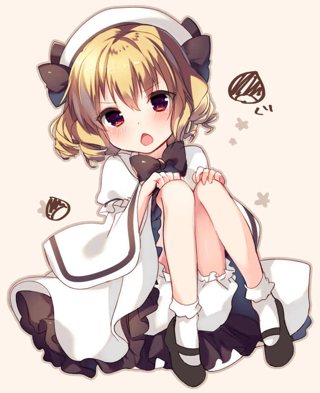 1girl blonde_hair bloomers blush bobby_socks chestnut_mouth dress drill_hair hat looking_at_viewer luna_child mary_janes morinaga_kobato open_mouth red_eyes shoes short_hair simple_background sketch socks solo touhou underwear white_legwear