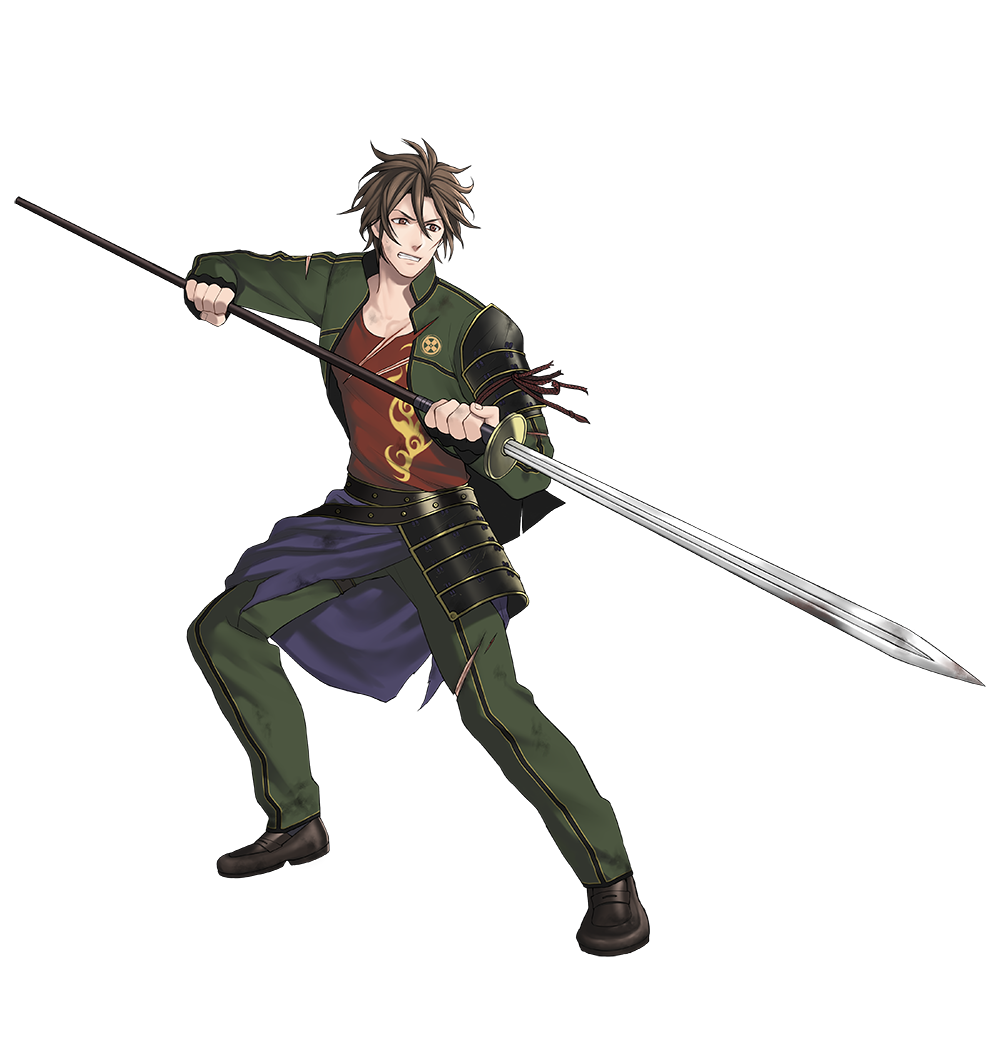 1boy black_gloves brown_eyes brown_hair clenched_teeth fingerless_gloves gloves injury jacket kusazuri male_focus minato_(robin) official_art open_clothes open_jacket otegine pants shoes short_hair simple_background smile sode torn_clothes touken_ranbu transparent_background weapon yari