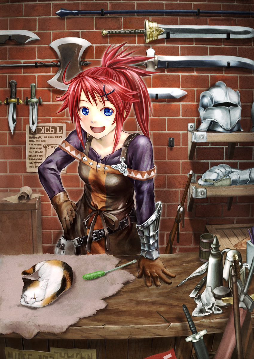 1girl :d armor axe battle_axe blue_eyes brick_wall cat cat_teaser colored_eyelashes dagger female gauntlets gloves hair_ornament hairclip hand_on_hip happy helmet highres hips kizawa_hiroto knife open_mouth original ponytail quill red_hair redhead scar shop short_hair short_ponytail sleeping smile solo sword weapon weapon_shop