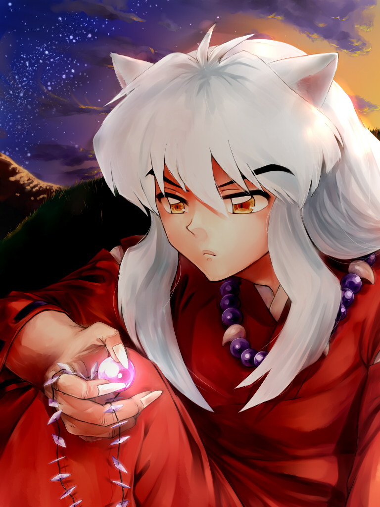 animal_ears claws close-up dog_ears fingernails gem holding inuyasha inuyasha_(character) jewelry long_fingernails long_hair male manimuni necklace night night_sky sky solo twilight yellow_eyes