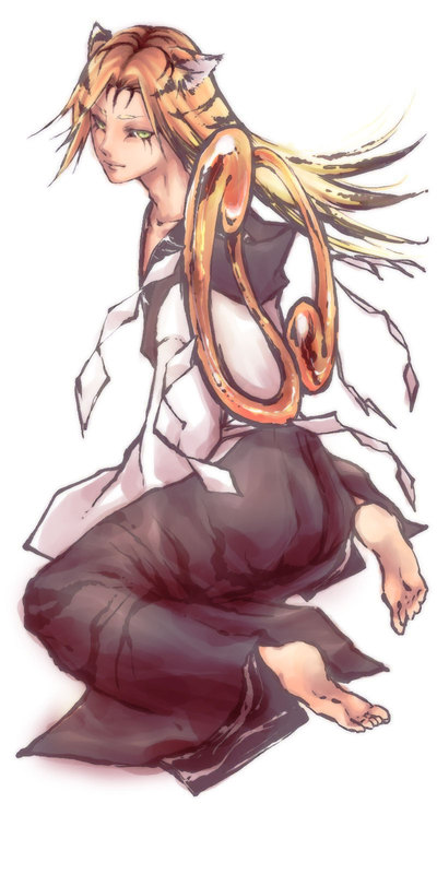 barefoot chinese_zodiac long_hair original personification shiro_(reptil) solo tiger tiger_ears white_background