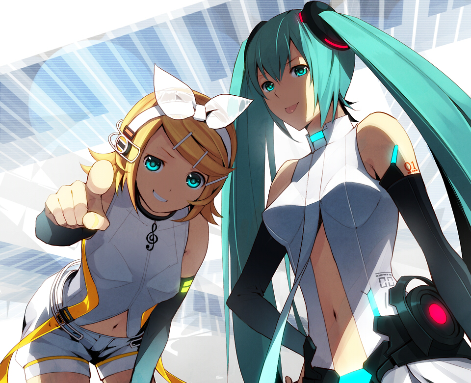 :p aqua_eyes aqua_hair belt blonde_hair breasts center_opening elbow_gloves gloves hair_ornament hair_ribbon hairclip hatsune_miku hatsune_miku_(append) headphones kagamine_rin kagamine_rin_(append) leaning_forward long_hair looking_at_viewer miku_append multiple_girls navel navel_cutout necktie pointing pointing_at_viewer ribbon sakuyamochi short_hair shorts smile tongue twintails vocaloid vocaloid_append