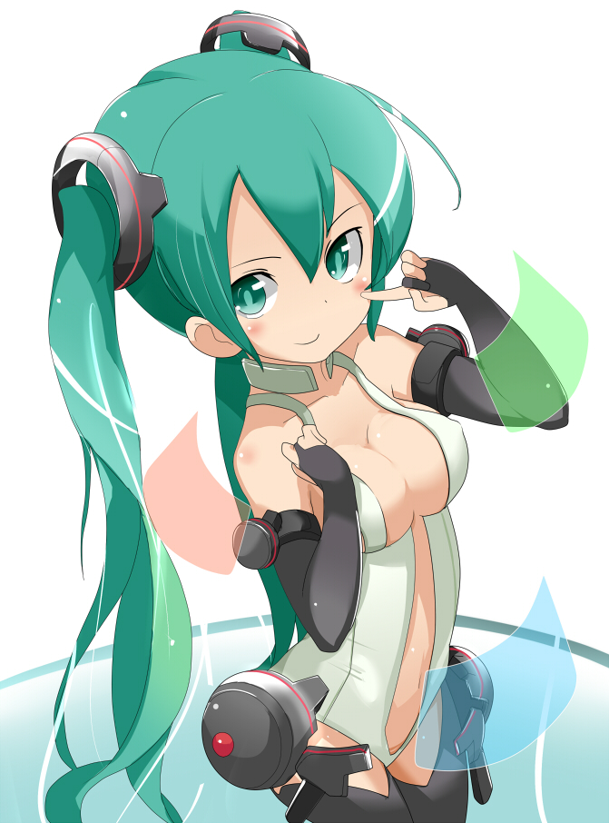 aqua_eyes aqua_hair bad_id bare_shoulders breasts bridal_gauntlets center_opening cleavage elbow_gloves fingerless_gloves gloves hatsune_miku hatsune_miku_(append) long_hair looking_at_viewer miku_append navel pointing pointing_at_self smile solo tamakorogashi twintails very_long_hair vocaloid vocaloid_append