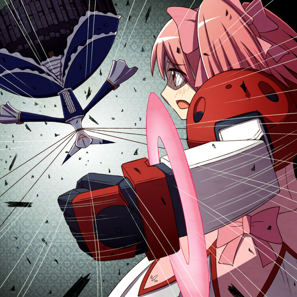 battle bow bubble_skirt creature debris dress emphasis_lines fighting_stance fusion gundam gundam_age gundam_age-1 gundam_age-1_titus hair_bow kaname_madoka magical_girl mahou_shoujo_madoka_magica mechanical_arms parody pink_hair sad sen-asanagi short_twintails twintails upside-down walpurgisnacht_(madoka_magica) witch_(madoka_magica)