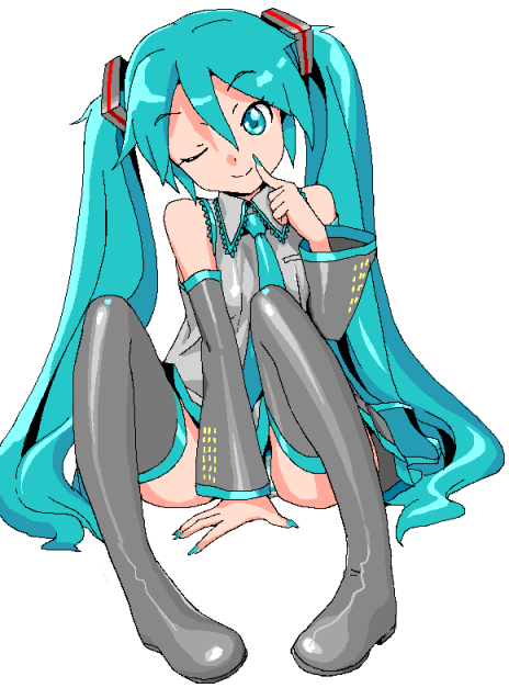 aqua_eyes aqua_hair arm_support boots detached_sleeves hatsune_miku koyopi long_hair necktie panties pigeon-toed rough simple_background sitting skirt smile solo striped striped_panties thigh-highs thigh_boots thighhighs twintails underwear very_long_hair vocaloid white_background wink
