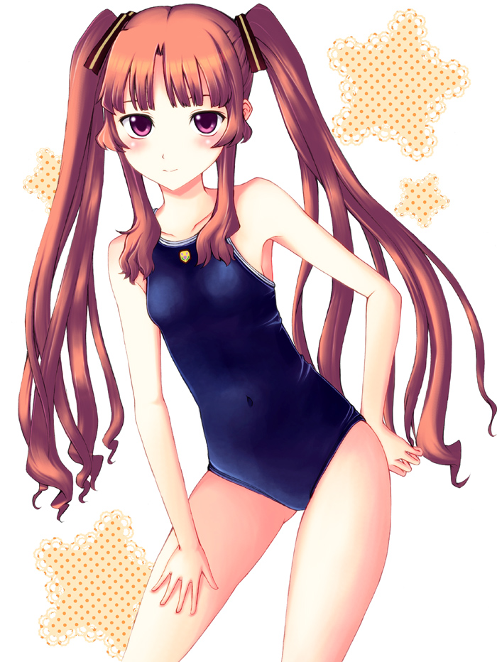 ano_natsu_de_matteru bare_shoulders blush brown_eyes brown_hair flat_chest hand_on_hip leaning_forward long_hair looking_at_viewer neuron_(exceed) one-piece_swimsuit school_swimsuit solo swimsuit twintails yamano_remon