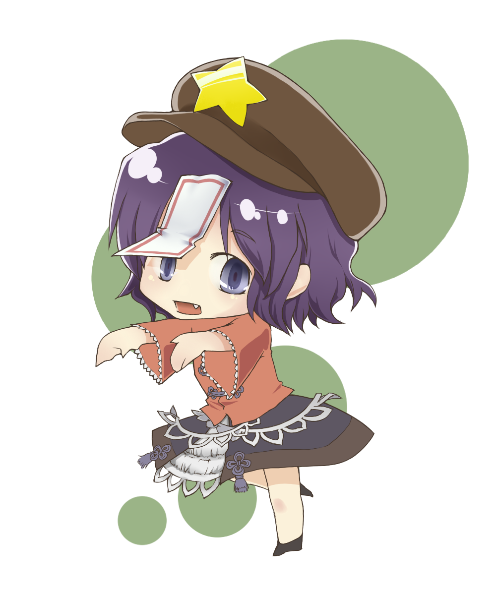 blue_eyes blue_hair chibi fang hair_ornament hat highres kagetsu_hana looking_at_viewer miyako_yoshika ofuda open_mouth outstretched_arms short_hair simple_background skirt smile solo touhou white_background wide_sleeves zombie_pose