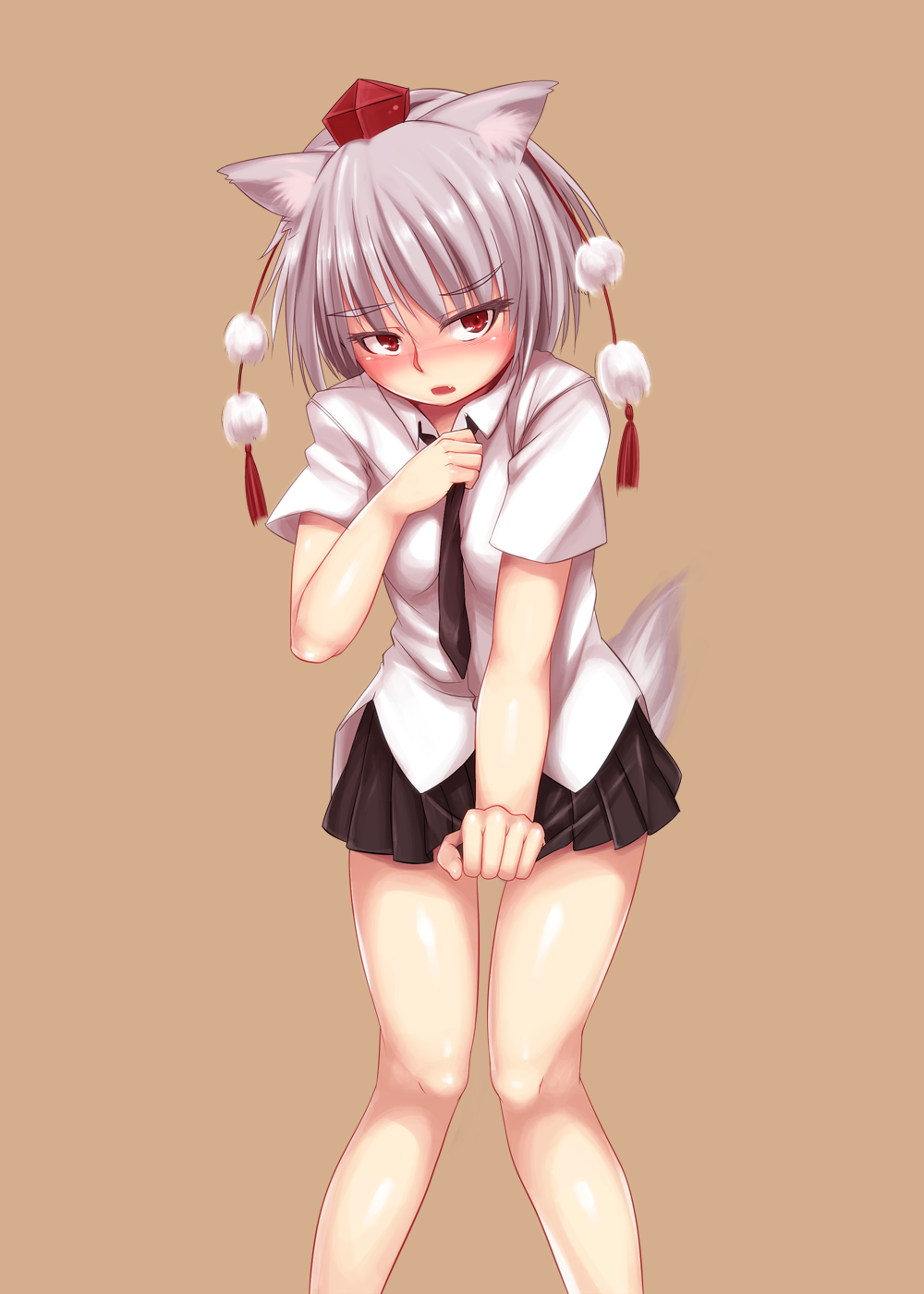 animal_ears cosplay covering covering_crotch dress_shirt embarrassed harigane_shinshi hat highres inubashiri_momiji miniskirt pleated_skirt red_eyes shameimaru_aya shameimaru_aya_(cosplay) shirt short_hair simple_background skirt solo tail tokin_hat touhou wolf_ears wolf_tail