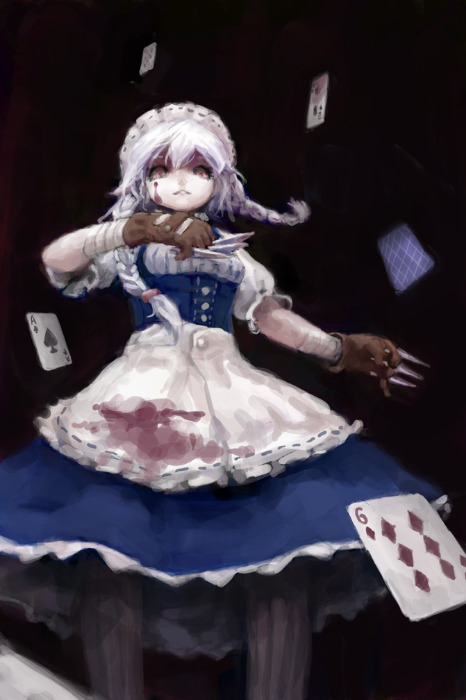 apron bandage bandages black_background blood blood_on_face braid card from_below gloves izayoi_sakuya knife lavender_hair looking_down maid maid_headdress pantyhose red_eyes siephy silver_hair smile solo the_embodiment_of_scarlet_devil touhou twin_braids
