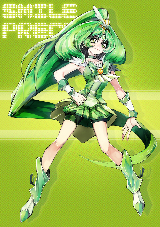 :p ?? ??? ???? bike_shorts boots bow bowtie brooch character_name cherico choker cure_march dress earrings green green_background green_dress green_eyes green_hair green_motif hair_ornament hands_behind_head head_wings jewelry legs long_hair looking_at_viewer magical_girl midorikawa_nao pleated_skirt ponytail precure shorts_under_skirt simple_background skirt smile smile_precure! solo spandex_shorts spats text thighs tiara tima title_drop tri_tails very_long_hair wrist_cuffs