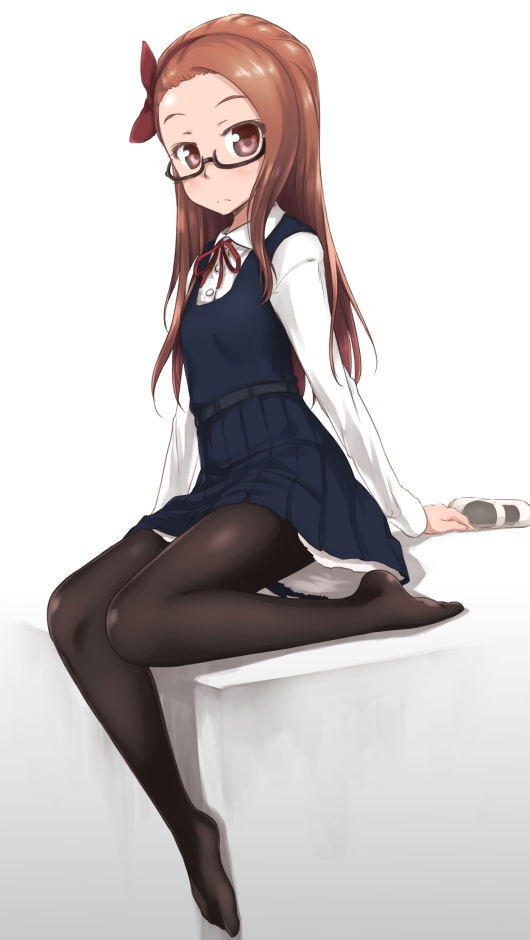 bespectacled black_legwear brown_eyes brown_hair dress feet frown glasses hairband idolmaster long_hair looking_at_viewer minase_iori no_shoes pantyhose ribbon shoes_removed sitting solo ttomm
