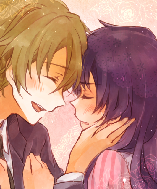 1girl blush brown_hair closed_eyes couple embarrassed eyes_closed face-to-face flower formal hand_on_another's_face hand_on_another's_face happy long_hair mirai_nikki necktie nishijima_masumi open_mouth purple_hair smile suit t0day8 uryuu_minene
