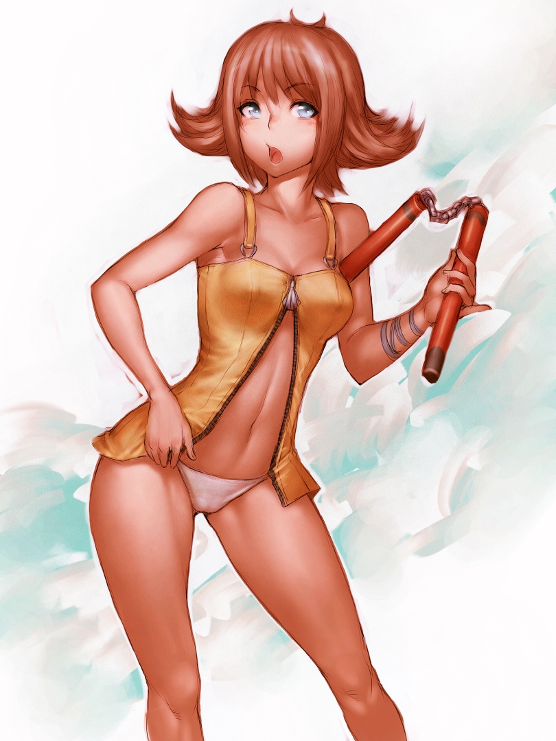 bare_shoulders blue_eyes brown_hair center_opening contrapposto final_fantasy final_fantasy_viii flipped_hair fumio_(rsqkr) humio navel nunchaku open_mouth panties pinky_out selphie_tilmitt solo underwear unzipped weapon zipper
