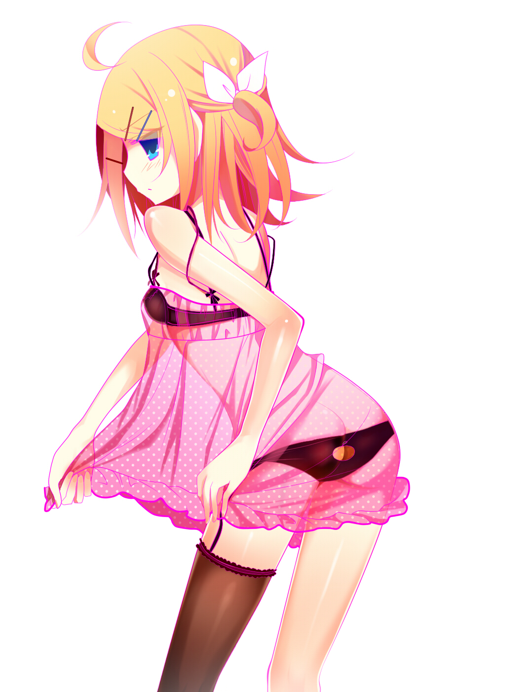 bare_shoulders blonde_hair blue_eyes blush bow camisole hair_bow hair_ornament hair_ribbon hairclip highres kagamine_rin lingerie looking_at_viewer ribbon see-through short_hair side_ponytail simple_background single_thighhigh solo temari_(artist) temari_(deae) thigh-highs thighhighs underwear underwear_only vocaloid white_background