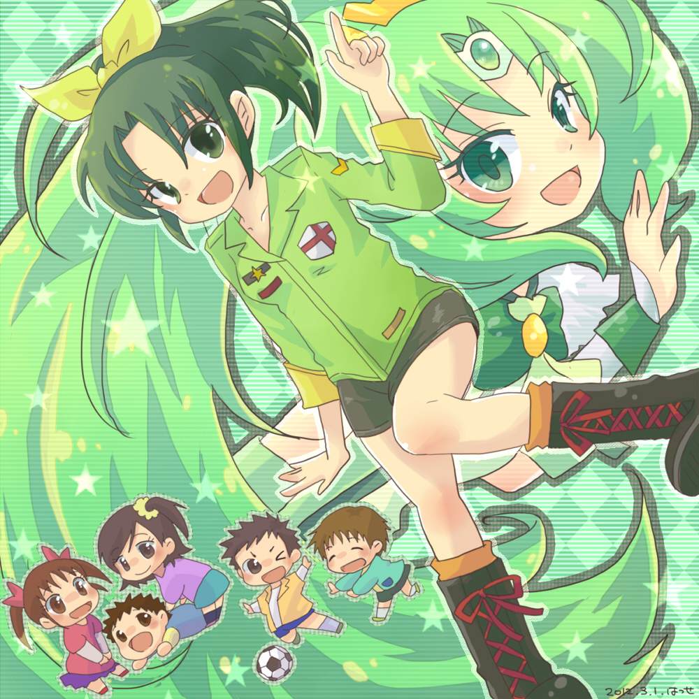 3girls ball boots bow brown_eyes brown_hair cure_march dual_persona english_flag green_eyes green_hair long_hair midorikawa_haru midorikawa_hina midorikawa_keita midorikawa_kouta midorikawa_nao midorikawa_yuuta multiple_boys multiple_girls open_mouth pointing ponytail precure shorts siblings side_ponytail sleeves_rolled_up smile smile_precure! soccer_ball tri_tails twintails very_long_hair