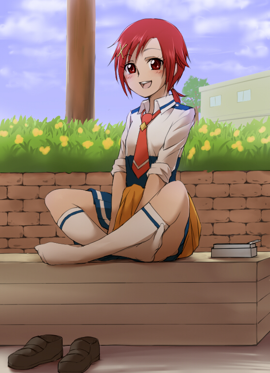 bad_id blush cloud feet footwear hair_ornament hairclip hino_akane indian_style kneehighs loafers necktie no_shoes obentou ponytail precure red_eyes red_hair redhead school_uniform shoes shoes_removed sitting sky sleeves_rolled_up smile_precure! socks solo volternative