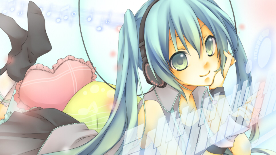 aqua_hair chin_rest cushion footwear green_eyes hatsune_miku headphones kuroi_(liar-player) lying on_stomach piano_keys skirt smile socks solo twintails vocaloid