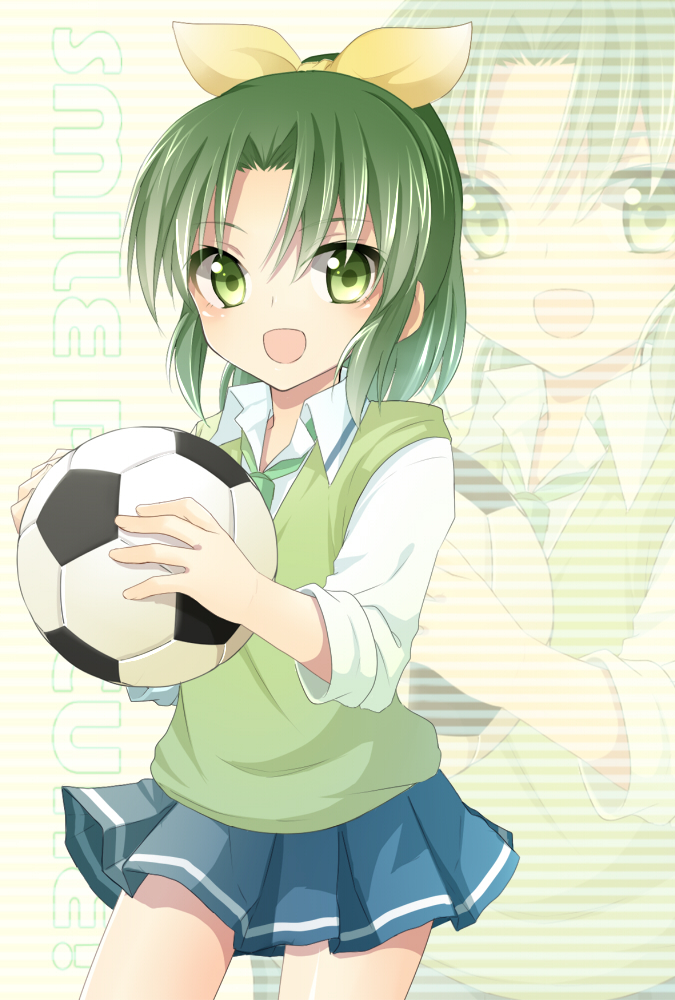 :d ball green_eyes green_hair izumi39 midorikawa_nao necktie open_mouth pleated_skirt ponytail precure ribbon robbon school_uniform simple_background skirt sleeves_rolled_up smile smile_precure! soccer_ball solo sweater_vest zoom_layer