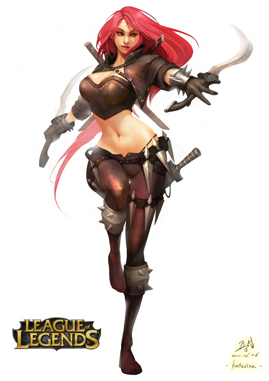 belt bracelet breasts curvy dagger gloves green_eyes highres hips jacket jewelry katarina_du_couteau knife korean league_of_legends leg_lift light_smile logo long_hair midriff navel red_hair redhead reverse_grip scar simple_background solo spiked_bracelet spikes supja thigh_gap thighs tight very_long_hair weapon wide_hips