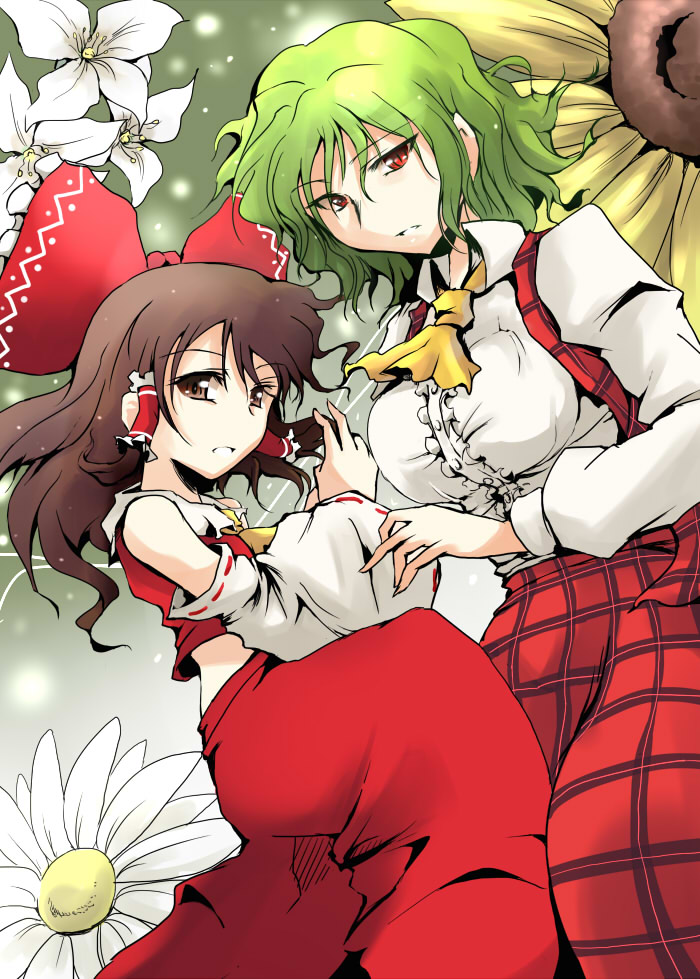 2girls ascot bow breasts brown_eyes brown_hair detached_sleeves flower green_hair hair_bow hair_tubes haji_(hajiko) hakurei_reimu kazami_yuuka large_breasts lily_(flower) multiple_girls red_eyes shirt skirt skirt_set sunflower touhou vest youkai