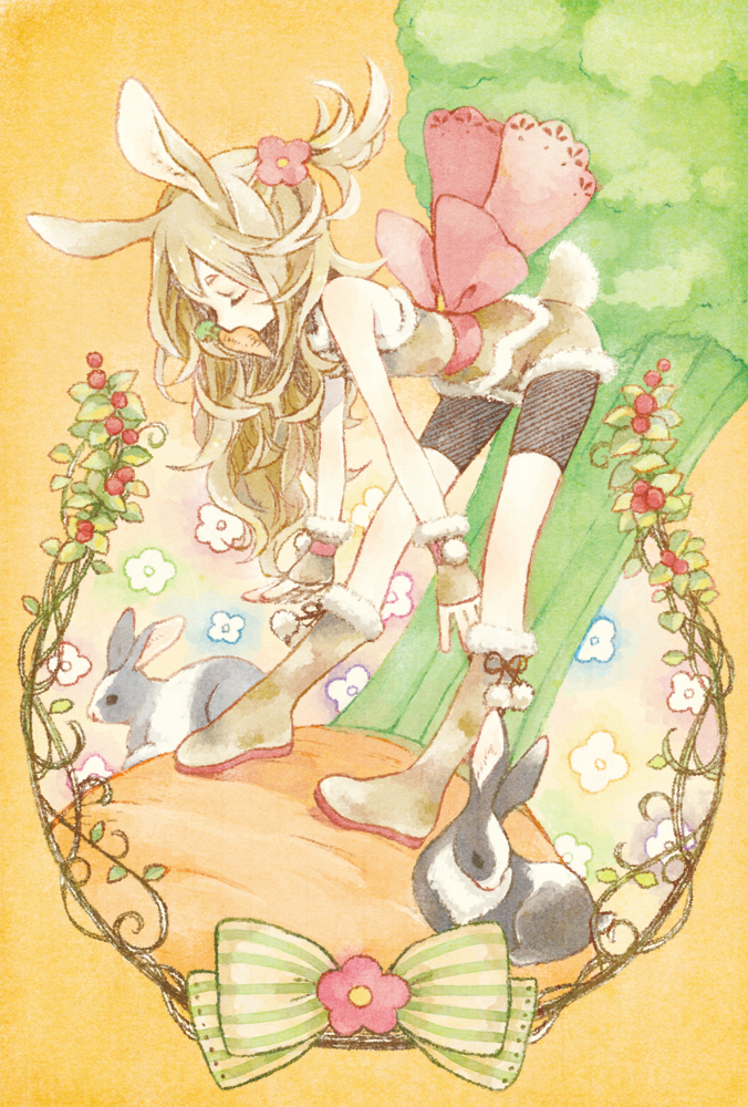 animal_ears bare_shoulders bent_over bike_shorts blonde_hair boots bow bunny bunny_ears bunny_tail cako_asida carrot colorful eating elaborate_frame flower food food_in_mouth frame gloves hair_flower hair_ornament large_bow long_legs original pale_color plant rabbit standing tail