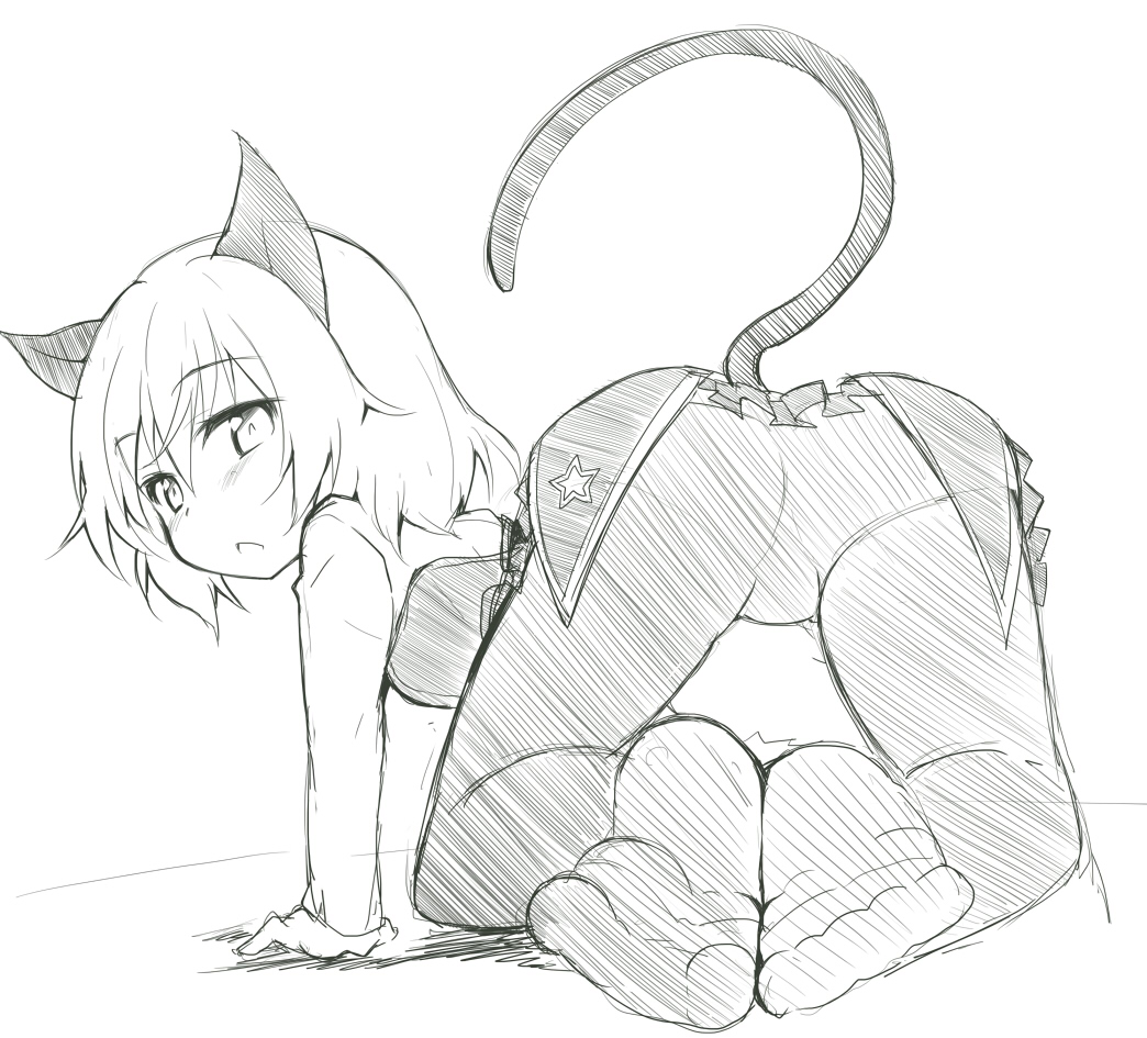 all_fours animal_ears ass atahuta black_legwear blush cat_ears feet from_behind looking_back military military_uniform no_shoes pantyhose sanya_v_litvyak short_hair sketch soles strike_witches tail toes uniform