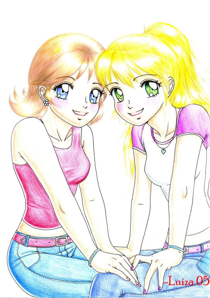 2girls blonde_hair blue_eyes blush bracelet brown_hair earrings green_eyes jeans long_hair luizamoony multiple_girls nail_polish necklace ponytail princess_daisy princess_peach short_hair smile super_mario_bros.