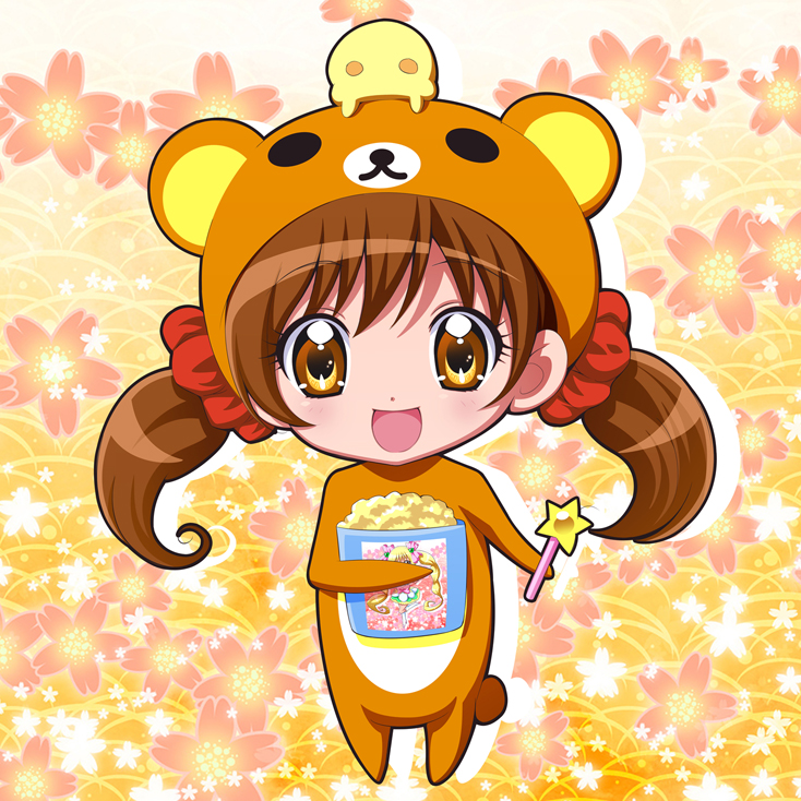 animal_costume brown_eyes brown_hair floral_background flower fuu-chan_(precure) hat isumi long_hair popcorn precure precure_all_stars_new_stage:_friends_of_the_future precure_all_stars_new_stage:_mirai_no_tomodachi rilakkuma sakagami_ayumi smile solo twintails wand yellow_background