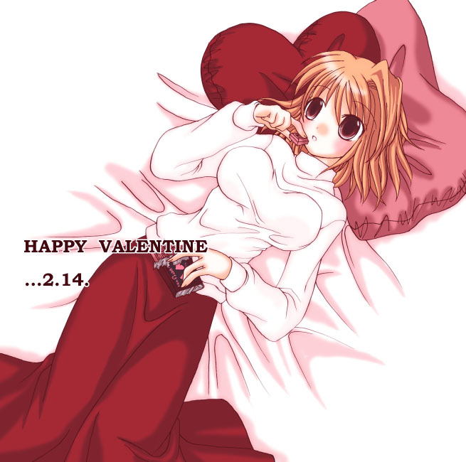 arcueid_brunestud blonde_hair breasts chocolate happy_valentine heart heart_pillow large_breasts long_skirt lying on_back pillow red_eyes short_hair skirt solo sweater tsukihime turtleneck type-moon valentine wakamest