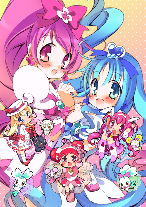 animal arms_up ashita_no_nadja blonde_hair blue_eyes blue_hair blush boots bow c.jam-packed candy_(smile_precure!) character_request child chocolat_(ashita_no_nadja) chypre_(heartcatch_precure!) coffret_(heartcatch_precure!) company_connection cream_(ashita_no_nadja) cure_blossom cure_happy cure_marine dodo_(ojamajo_doremi) double_bun gradient gradient_background hair_bow hanasaki_tsubomi happy harukaze_doremi heartcatch_precure! hoshizora_miyuki kurumi_erika lion long_hair magical_girl multiple_girls nadja_applefield ojamajo_doremi pink_background pink_eyes pink_hair ponytail precure short_hair skirt smile_precure! toei_animation touei twintails wrist_cuffs yellow_background