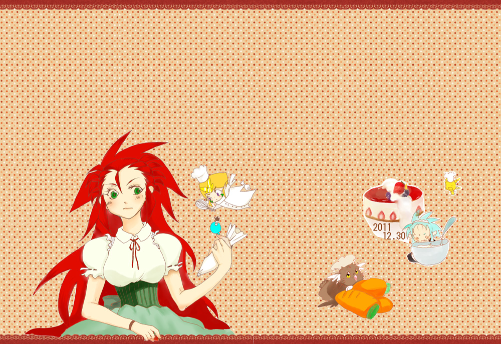 blue_hair blush bowl brown_hair carrot chef_hat chibi chibi_inset dress food fruit green_eyes hakubi_washuu hat long_hair meyama_mamezou mother_and_doughter pastry red_hair redhead ryou-ouki ryouko_(tenchi_muyou!) short_hair spiked_hair spiky_hair spoon strawberry tenchi_muyou! tokimi very_long_hair whisk