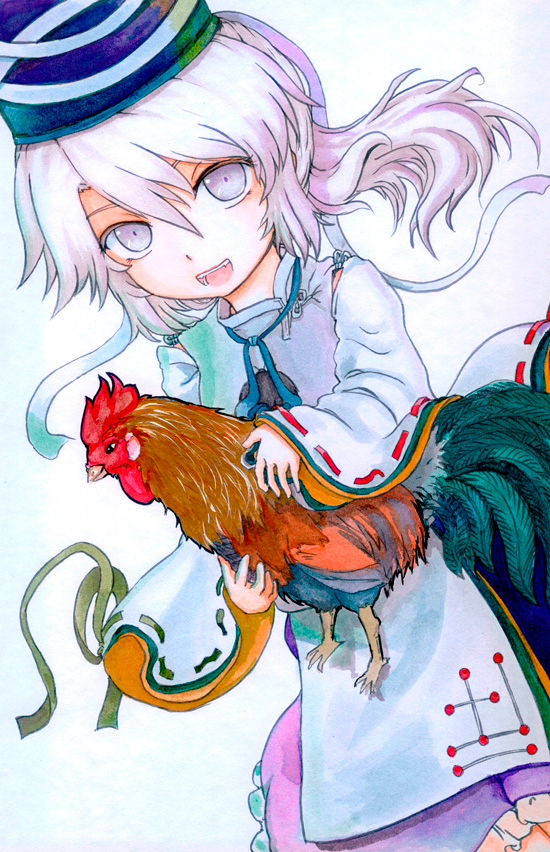 bird chicken hat japanese_clothes kariginu kinohanaomise long_hair looking_at_viewer mononobe_no_futo open_mouth rooster solo touhou