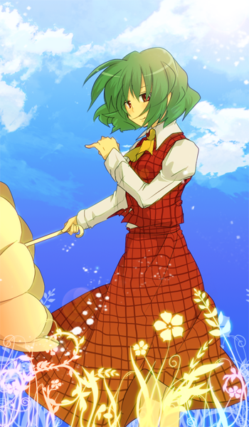 aoi_(annbi) ascot cloud dress green_hair holding kazami_yuuka plaid plaid_dress plaid_vest red_eyes sky solo touhou umbrella youkai