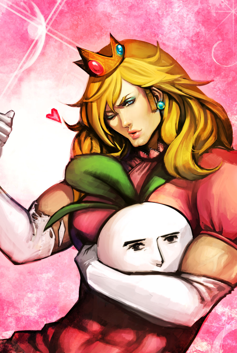 abs blonde_hair crown dress earrings elbow_gloves erina eyeshadow flex gloves heart highres jewelry kuso_miso_technique lips lipstick long_hair makeup manly noa_ikeda pink_background princess_peach sideburns solo super_mario_bros. torn_clothes torn_gloves turnip wink