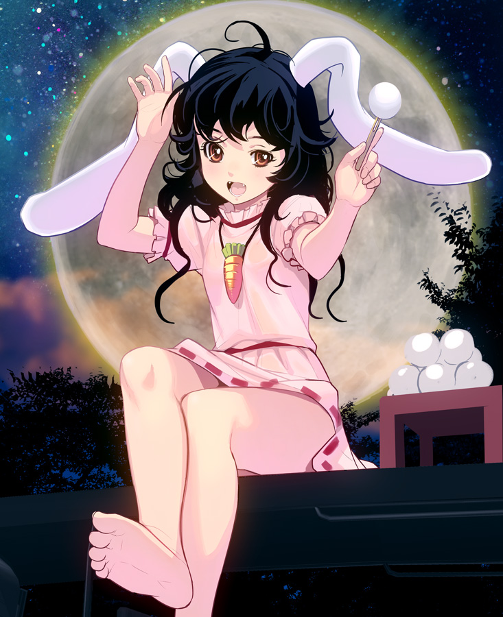 alternate_hair_length alternate_hairstyle animal_ears bad_id barefoot black_hair bunny_ears carrot dress fangs feet food food_themed_clothes full_moon holding inaba_tewi jewelry long_hair masao messy_hair mochi moon necklace night open_mouth orange_eyes sitting soles solo touhou wagashi