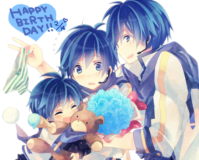 1boy 1girl :d ^_^ bad_id blue_eyes blue_hair bouquet closed_eyes eyes_closed flower food genderswap happy_birthday headset holding holding_panties ice_cream kaiko kaito multiple_boys multiple_persona non_(hey_you!) open_mouth ousaka_nozomi panties scarf smile striped striped_panties stuffed_animal stuffed_toy teddy_bear underwear vocaloid young
