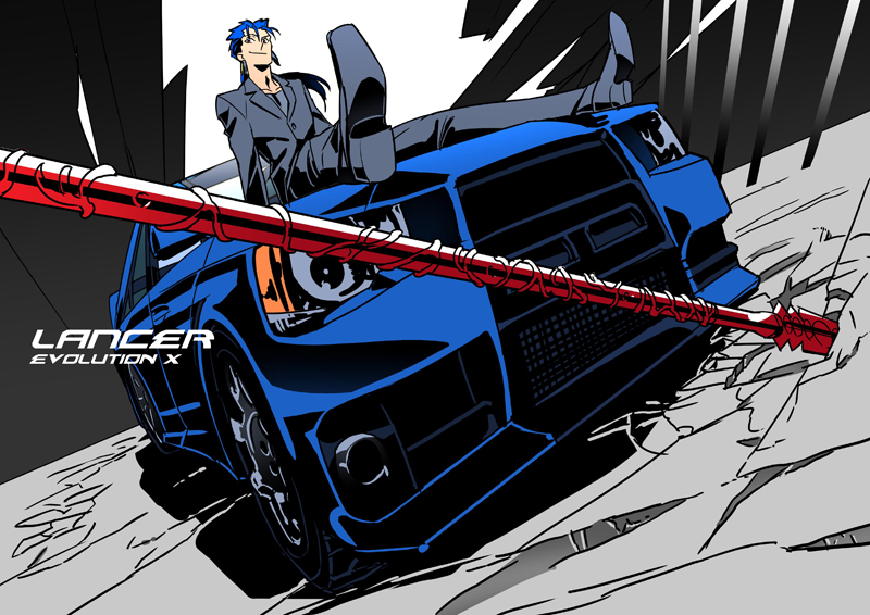 blue_hair car dutch_angle fate/stay_night fate_(series) formal gae_bolg high_contrast lancer long_hair male mitsubishi mitsubishi_lancer motor_vehicle namesake object_namesake polearm ponytail red_eyes sexy44 solo spear suit vehicle weapon