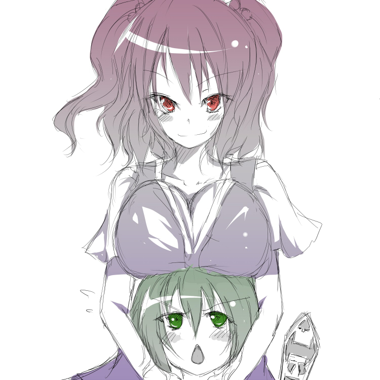 &gt;:) &gt;:o blush breast_envy breast_rest breasts breasts_on_head cleavage collarbone green_eyes kotaka large_breasts looking_at_viewer multiple_girls multiple_monochrome onozuka_komachi red_eyes rod_of_remorse shikieiki_yamaxanadu simple_background sketch smile touhou white_background