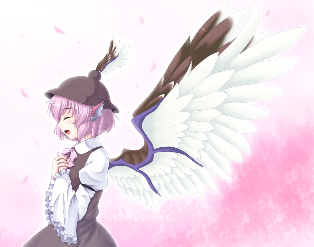 animal_ears closed_eyes eyes_closed gomi_(gomitin) hands_on_own_chest hat large_wings long_sleeves mystia_lorelei open_mouth pink_background pink_hair profile short_hair solo touhou wide_sleeves winged_hat wings