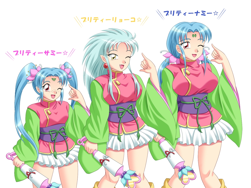 :d \m/ blue_hair boots cosplay earrings facial_mark fang flower forehead_mark freckles hair_flower hair_ornament jewelry konami_tokiko long_hair long_sleeves magical_girl mahou_shoujo_pretty_sammy masaki_sasami_jurai multiple_girls obi open_mouth payot pink_eyes pleated_skirt pointy_ears pretty_sammy pretty_sammy_(character) pretty_sammy_(cosplay) ryouko_(tenchi_muyou!) sidelocks skirt smile spiked_hair spiky_hair tenchi_muyou! translated tsunami_(tenchi_muyou!) twintails wand wink yellow_eyes