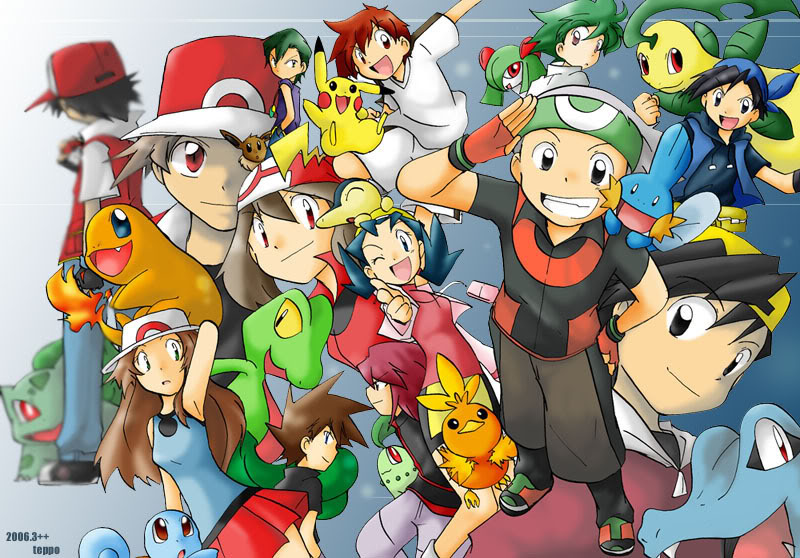 alternate_costume bandana bandanna baseball_cap bayleef black_hair blue_(pokemon) bulbasaur character_request charmander chikorita crystal_(pokemon) cyndaquil dual_persona eevee gold_(pokemon) haruka_(pokemon) hat kirlia lowres mitsuru_(pokemon) mudkip multiple_boys multiple_girls odamaki_sapphire ookido_green open_mouth pikachu pokemon pokemon_(creature) pokemon_(game) pokemon_gsc pokemon_rgby pokemon_rse red_(pokemon) red_(pokemon)_(classic) red_(pokemon)_(remake) silver_(pokemon) squirtle teppo torchic totodile treecko yuuki_(pokemon)